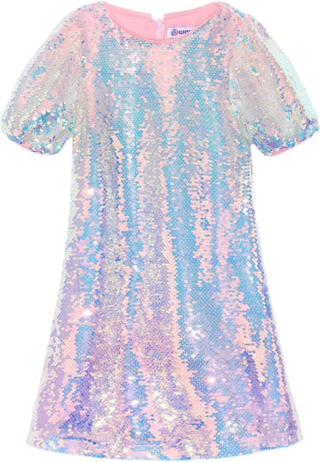 Girls Sparkly Sequin Dress Puff Sleeve for Kids Party Birthday