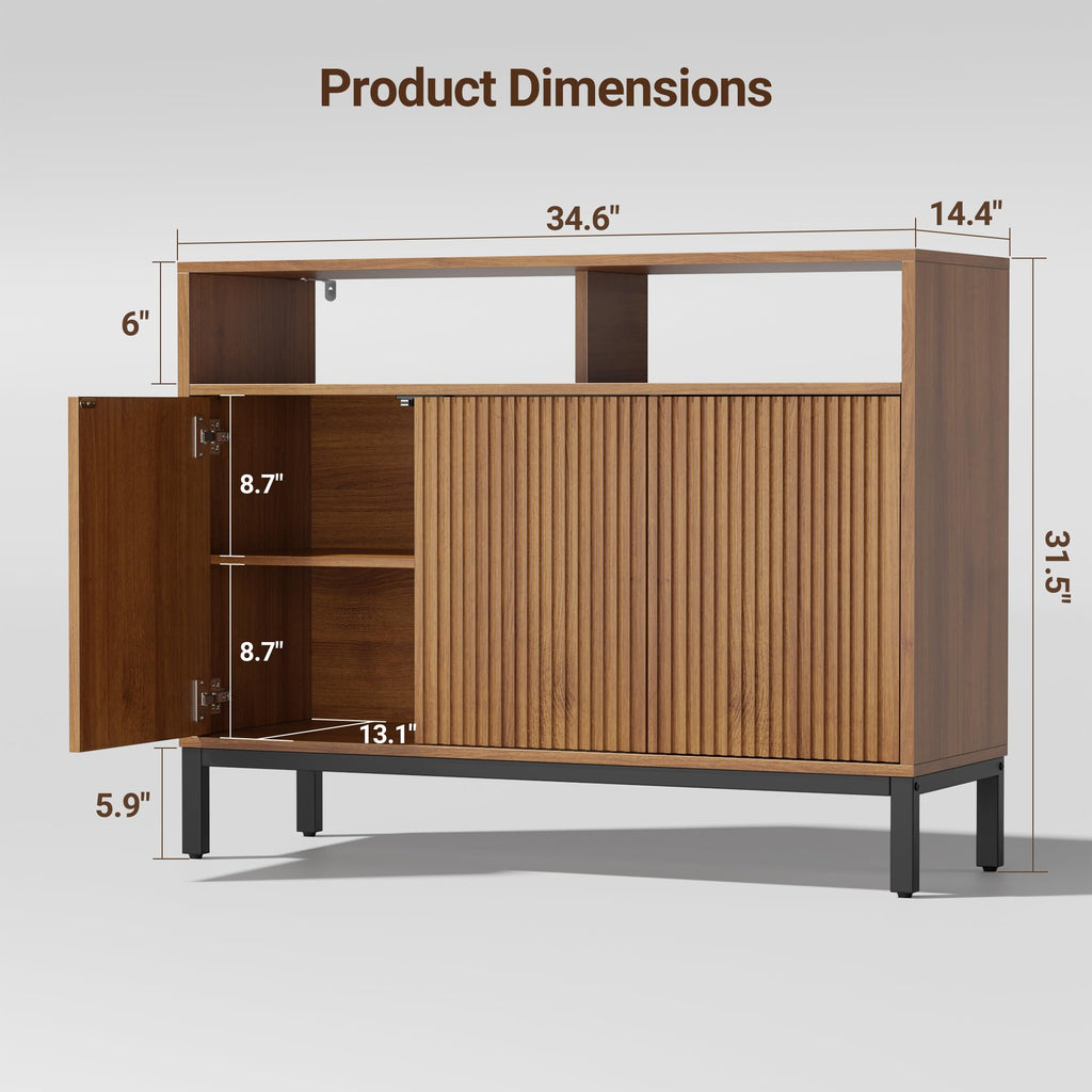Fluted Sideboard Buffet Cabinet with Open Storage, Modern Large Credenza