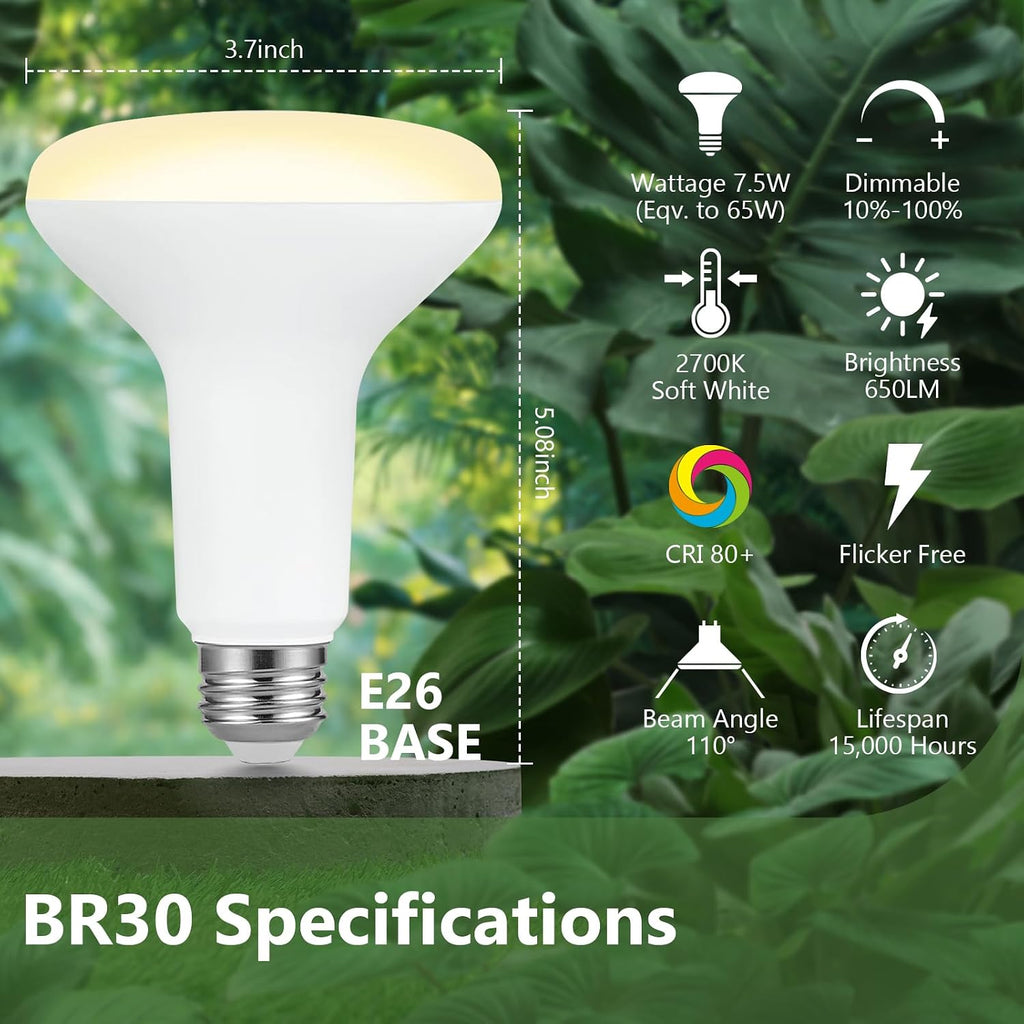 BR30 LED Flood Light Bulbs, 7.5W Equivalent 65W, 650LM, Dimmable, 2700K Soft White, CRI 80, 110° Beam Angle, E26