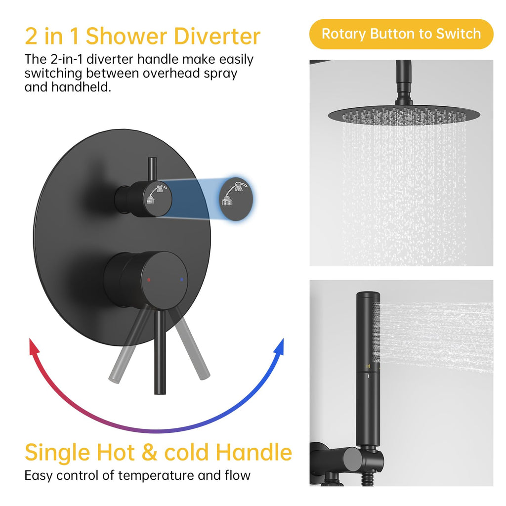 Shower System with 10 Inch Round Rain Shower Head and Handheld Wall Mounted, High Pressure Rainfall Heads Shower