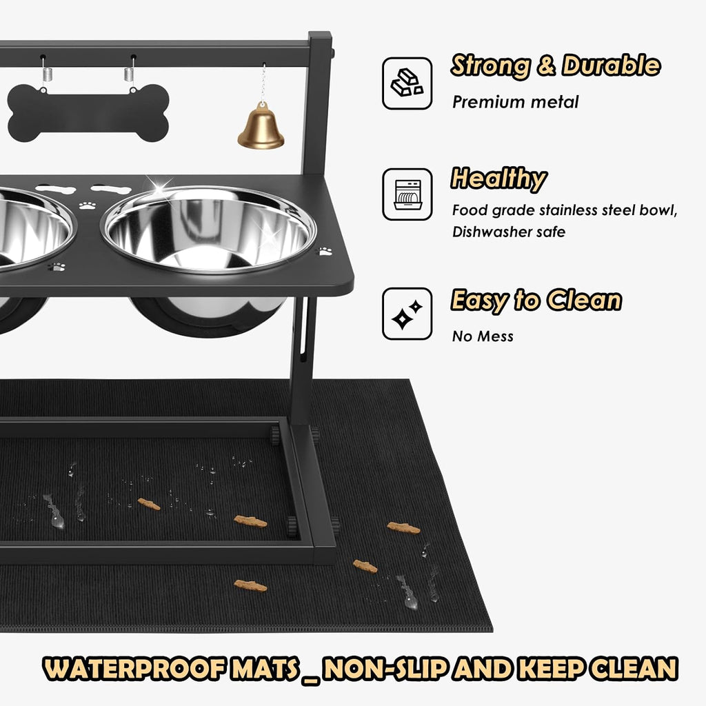 Elevated Dog Bowls with Slow Feeder and Spill Proof Mat, Adjustable Height 4.3-11.8'', Two 1.7L Stainless Steel Food