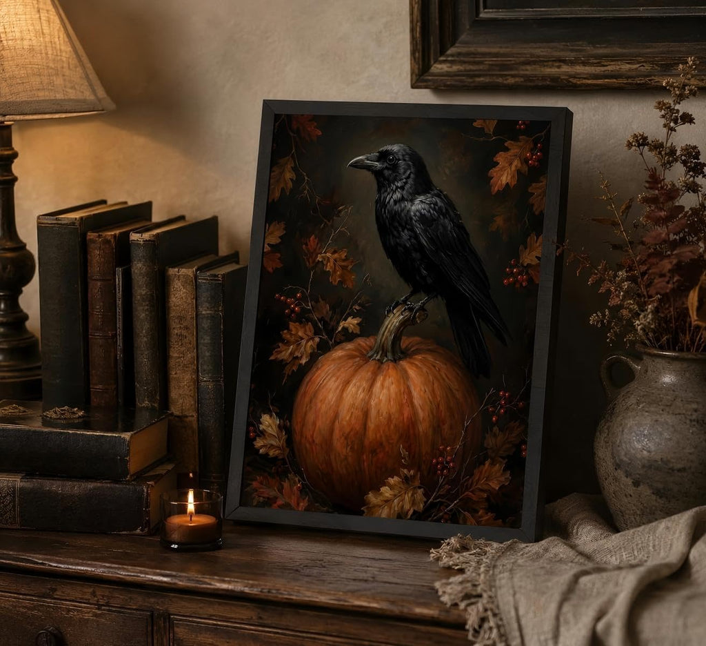Framed Gothic Raven on Pumpkin Canvas Wall Art,Vintage Autumn Crow Painting,Dark Academia Print,Spooky Fall Wall