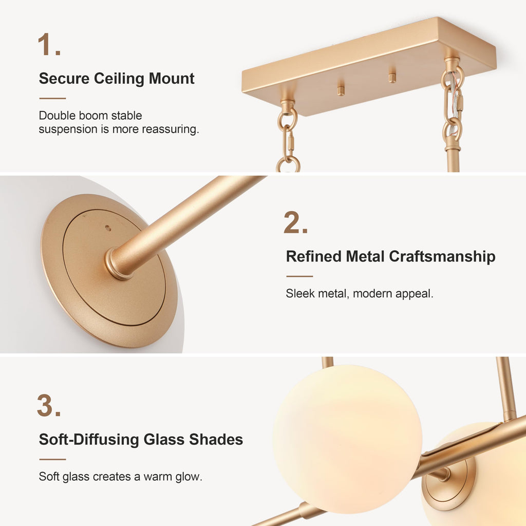 Gold Linear Chandelier, 48-Inch Frosted Globe Island Light