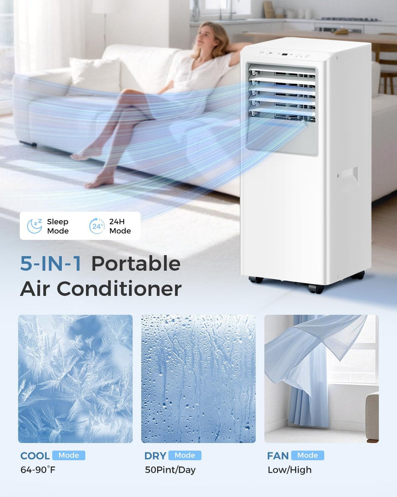8000 BTU Portable Air Conditioner, 5-in-1 Cools 350 Sq.Ft, Quiet AC Unit with Fan & Dehumidifier, LED Display, Remote