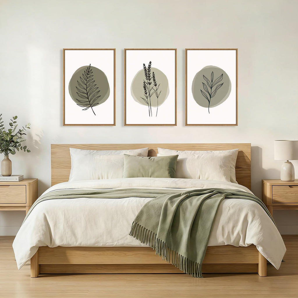 Spring Sage Green Leaves Framed Canvas Wall Art Set,Minimalism Boho Leaf Wall Decor, Modern Nature Botanical Wall