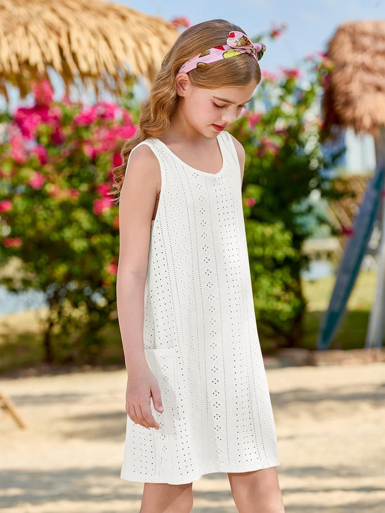 Girls Swim Cover Up Eyelet Sleeveless Summer Beach Dress
