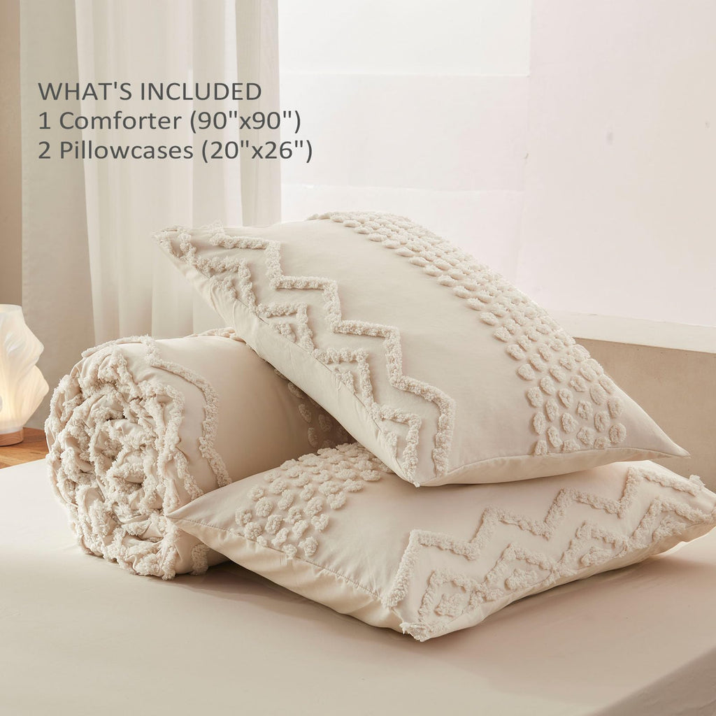 Beige Tufted Comforter Set, 3 Pieces Queen Size Boho Bedding Set