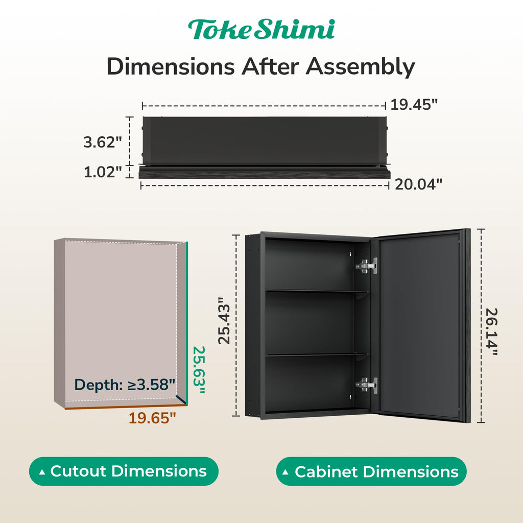 20 x 26 Mirror Medicine Cabinet, Assembly Required, Black Recessed Medicine Cabinet with Mirror, Steplessly