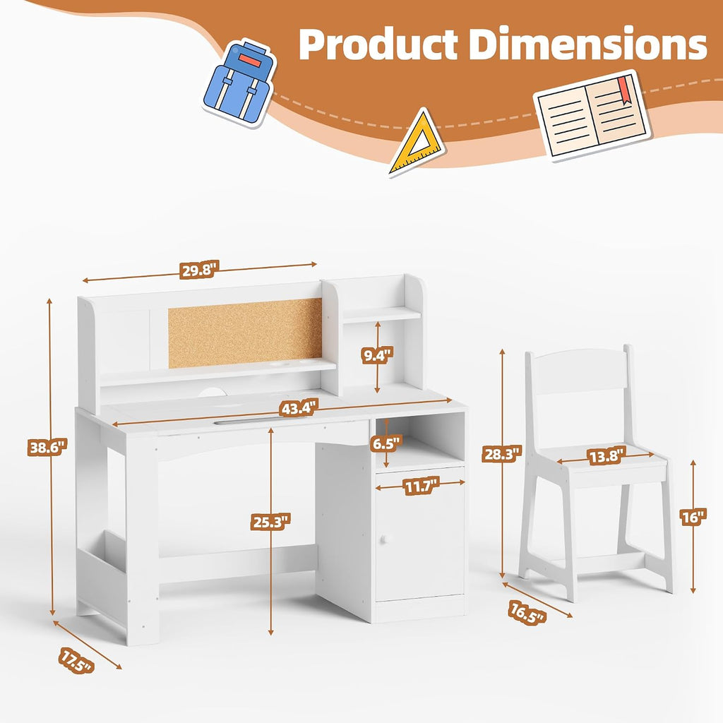 43In Kids Study Desk with Chair, Tiltable Desktop Kids Desk and Chair Set with Storage, Wooden Study Table for 5-12
