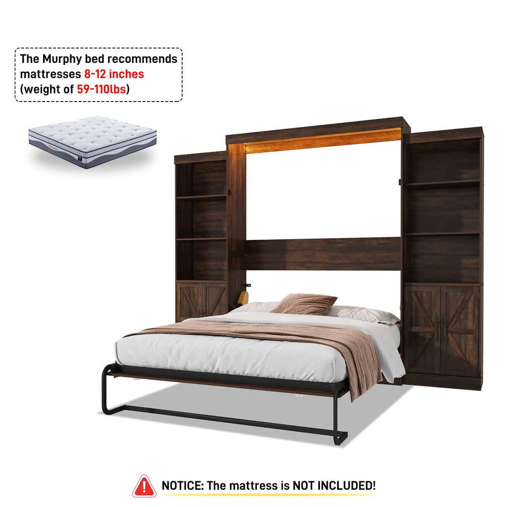 Queen Size Murphy Bed w/2 Storage Cabinet&2 LED Light, Farmhouse Wood Hidden Foldable Wall Bed Frame, Storage Bed