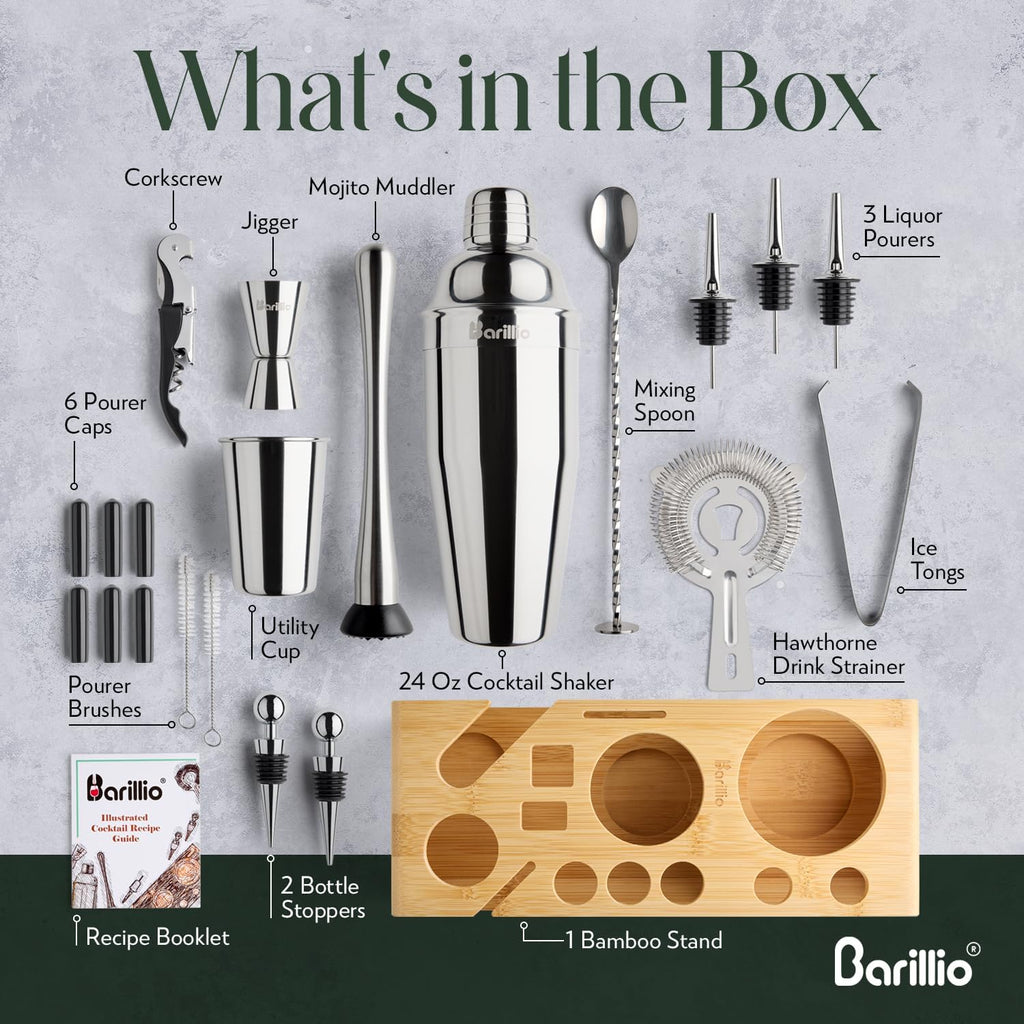 Bartender Kit - Stainless-Steel Cocktail Shaker Set w/Bamboo Stand - Mixology Bar Tools w/Drink Shaker, Mixer Spoon &