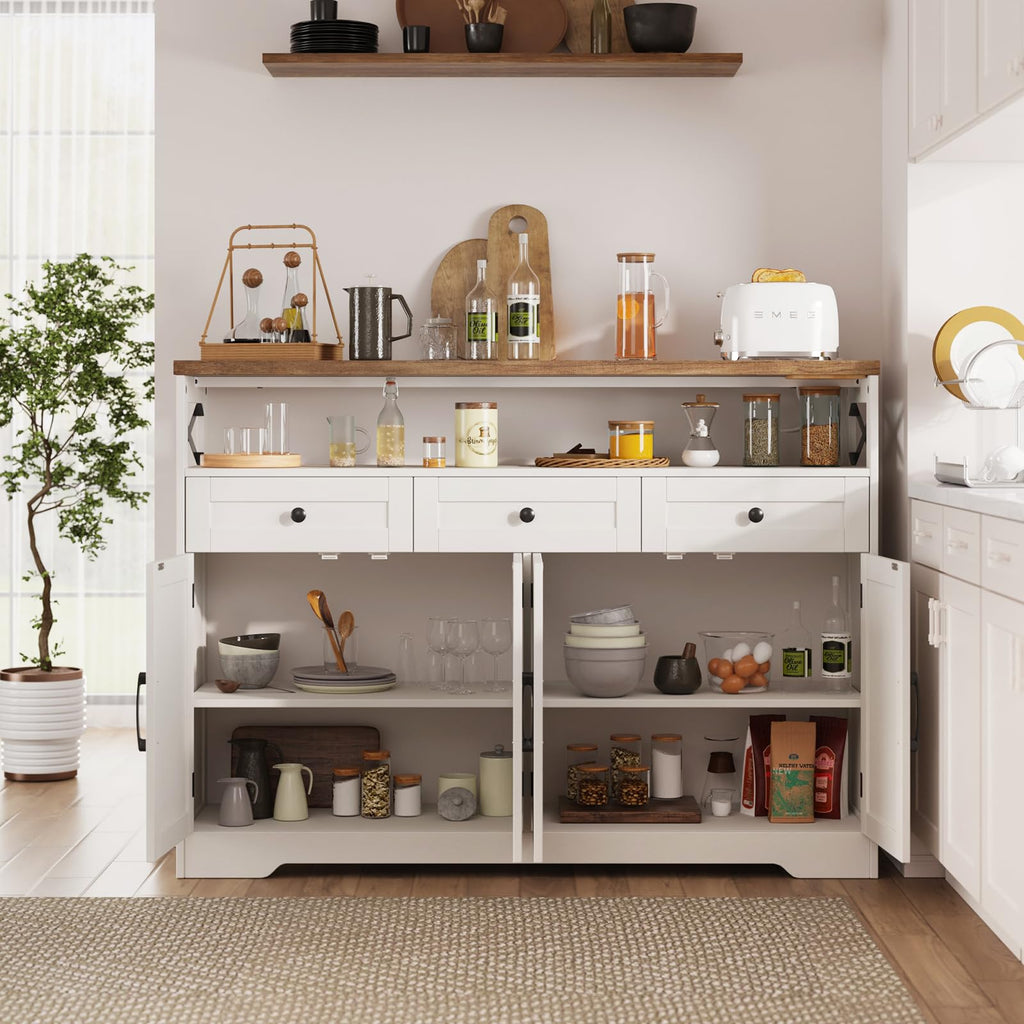Farmhouse Buffet Cabinet with Drawers & Open Shelf, Sideboard