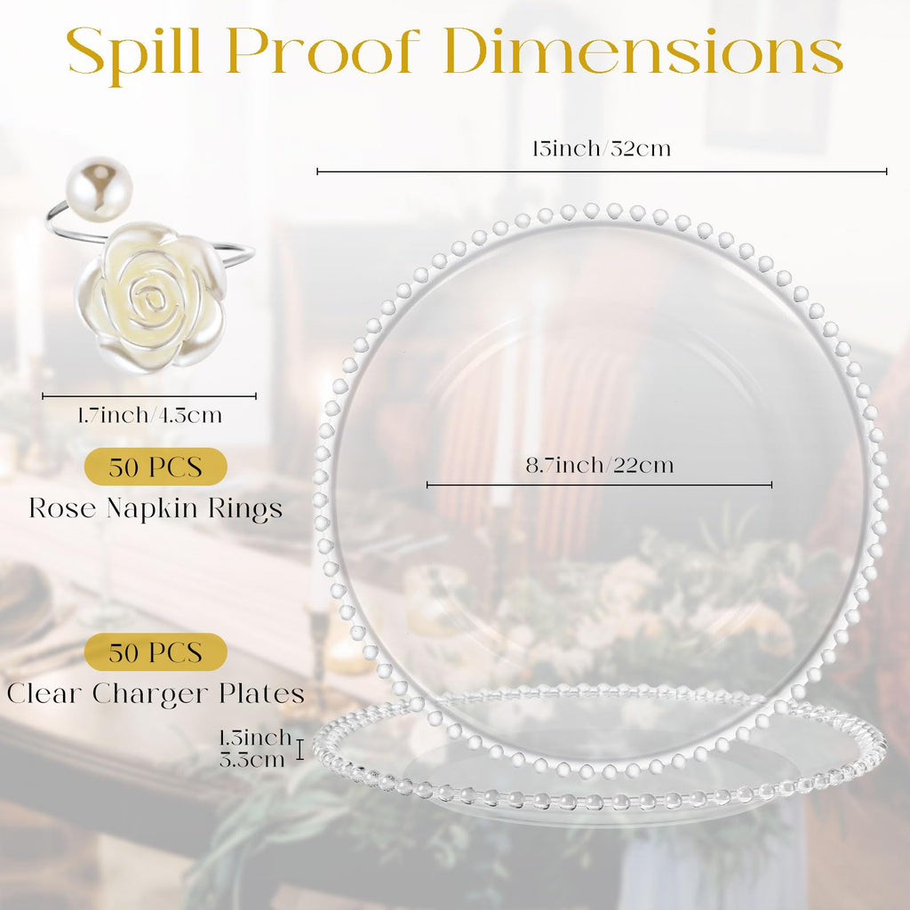 50 Set Clear Silver Charger Plates and Napkin Rings Bulk 13 Inch