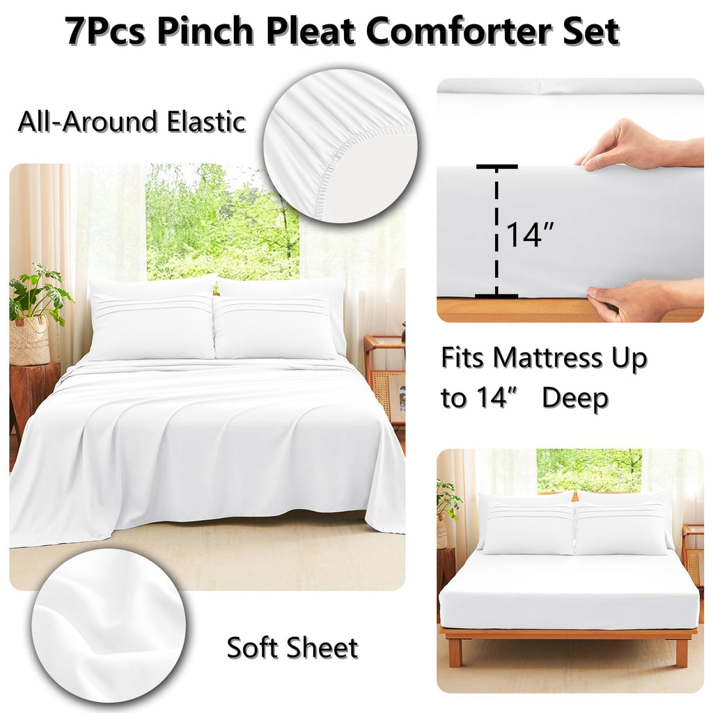 King Size Comforter Set White, 7 Pieces Soft Pinch Pleat Bed in a Bag King Comforter Set with Sheets, Boho Bed Set