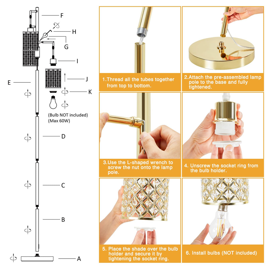Morden Gold Crystal Floor Lamps, 3-Light Standing Tall Lamp with Elegant K9 Crystal Shade & Rotary Switch, Modern