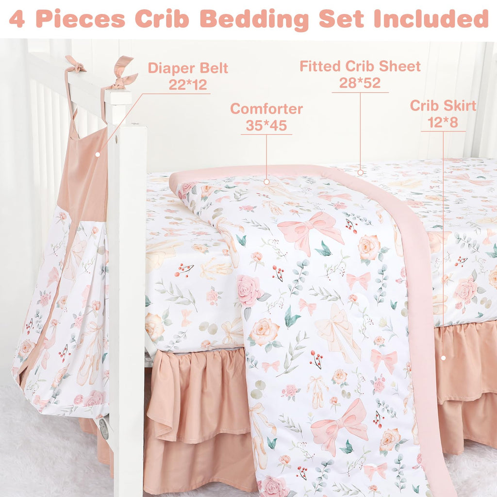 Crib Bedding Set for Girls 4-Piece, Bow Baby Girl Crib Bedding Set Pink Flowes, Nursery Sets Includes Comforter
