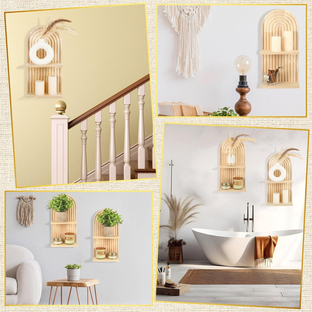 2 Pcs Boho Wall Shelf 2 Tier Arch Wooden Floating Shelves Mid Century Rainbow Wall Shelf Hanging Holder Double
