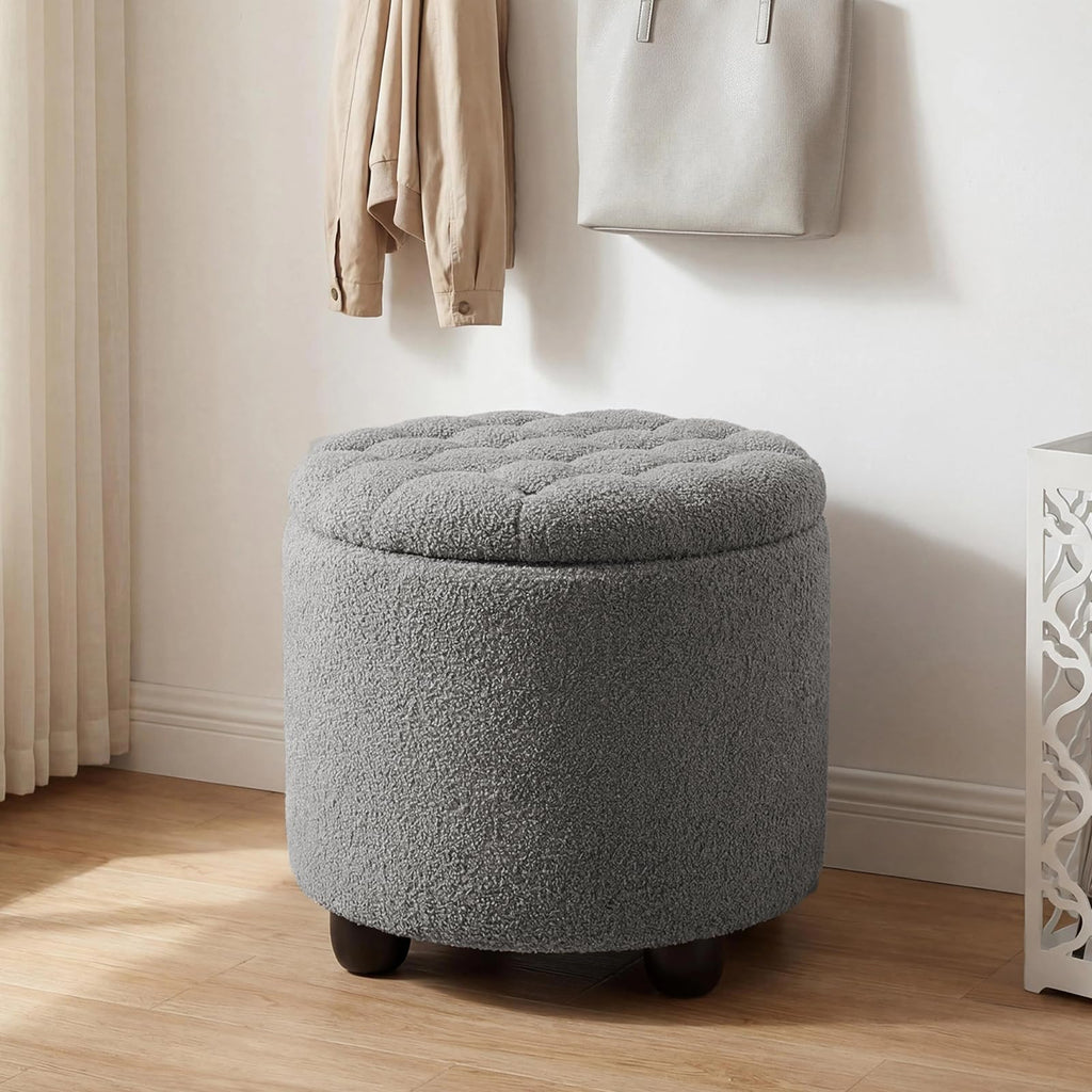 Modern Round Storage Ottoman, Upholstered Button Tufted Ottoman Footstool Ottomans with Removable Lid Storage