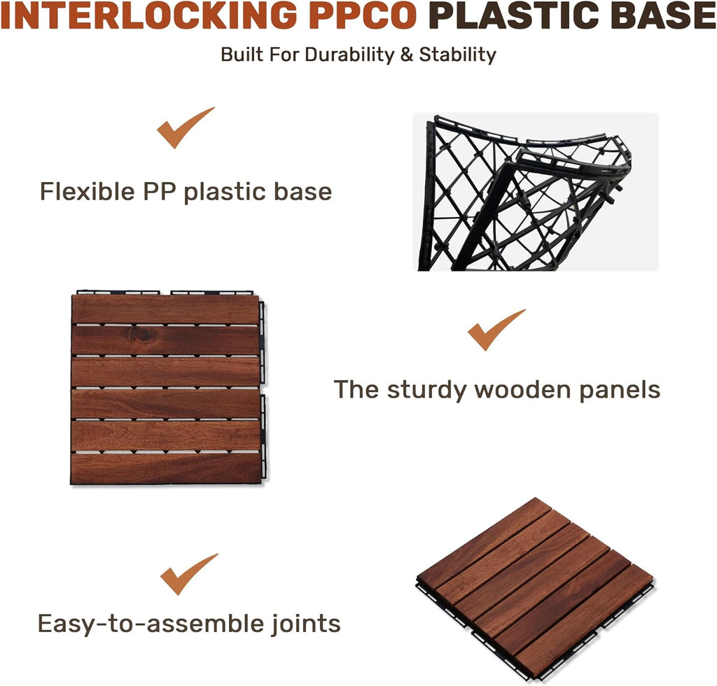Wood Interlocking Deck Tiles, 12" x 12" Square Outdoor Flooring, Water-Resistant Patio Tiles for Balcony, Poolside