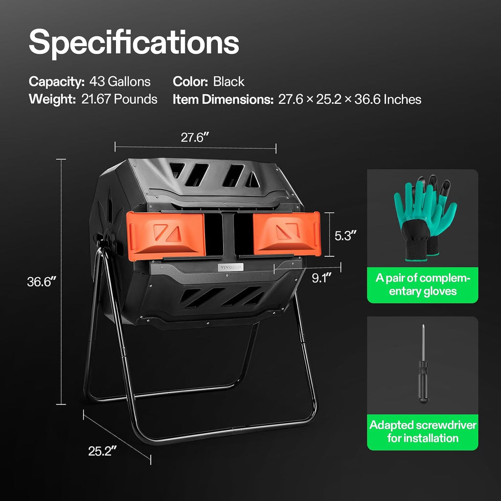 Outdoor Tumbling Composter Dual Rotating Batch Compost Bin, 43 Gallon Orange Door