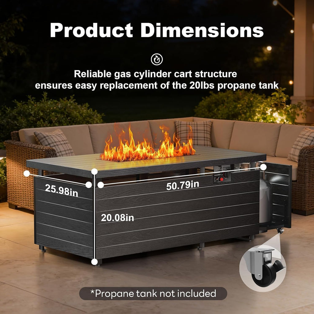 51 Inch Outdoor Propane Fire Pit Table, 50000BTU 4-in-1 FirePit Table | Steel Tabletop & Sliding Tank Holder