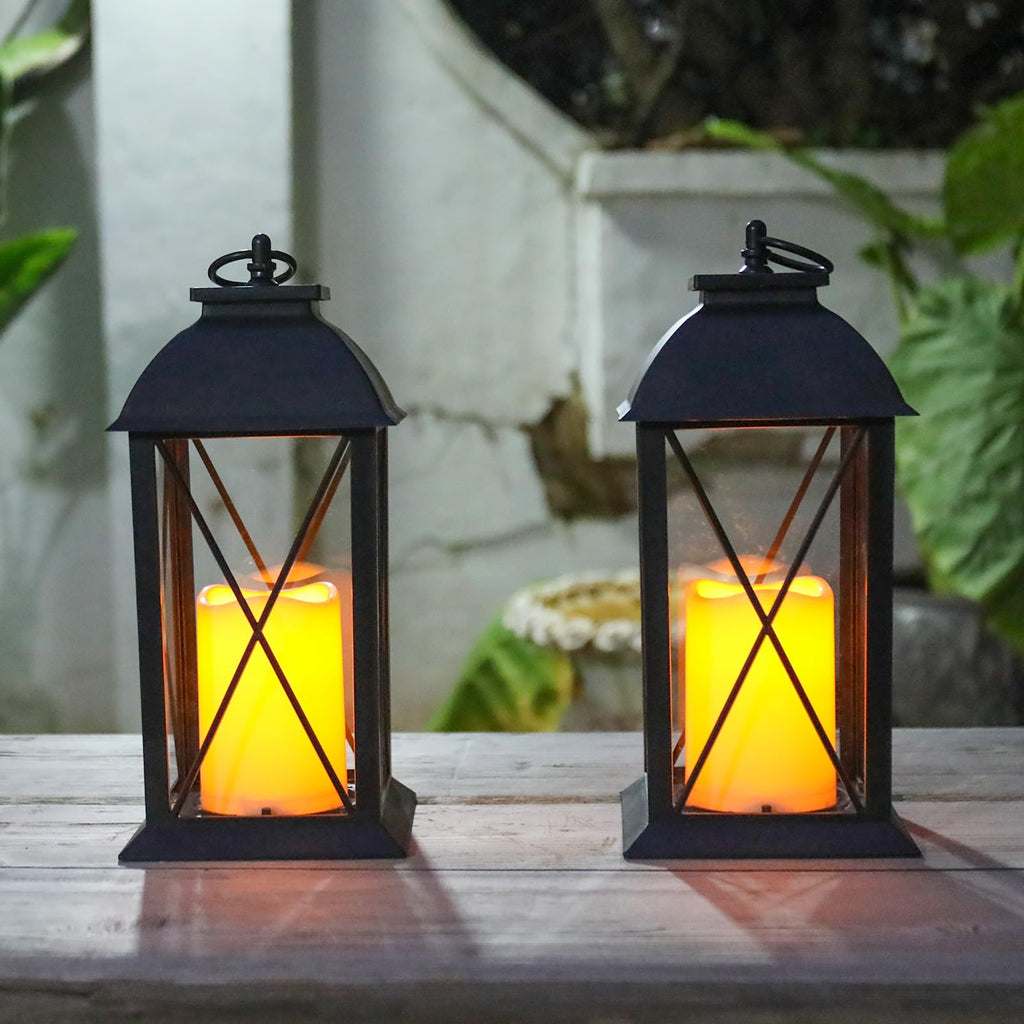13 Inch Outdoor Decorative Lanterns with LED Candle Timer 2 Pack Cross