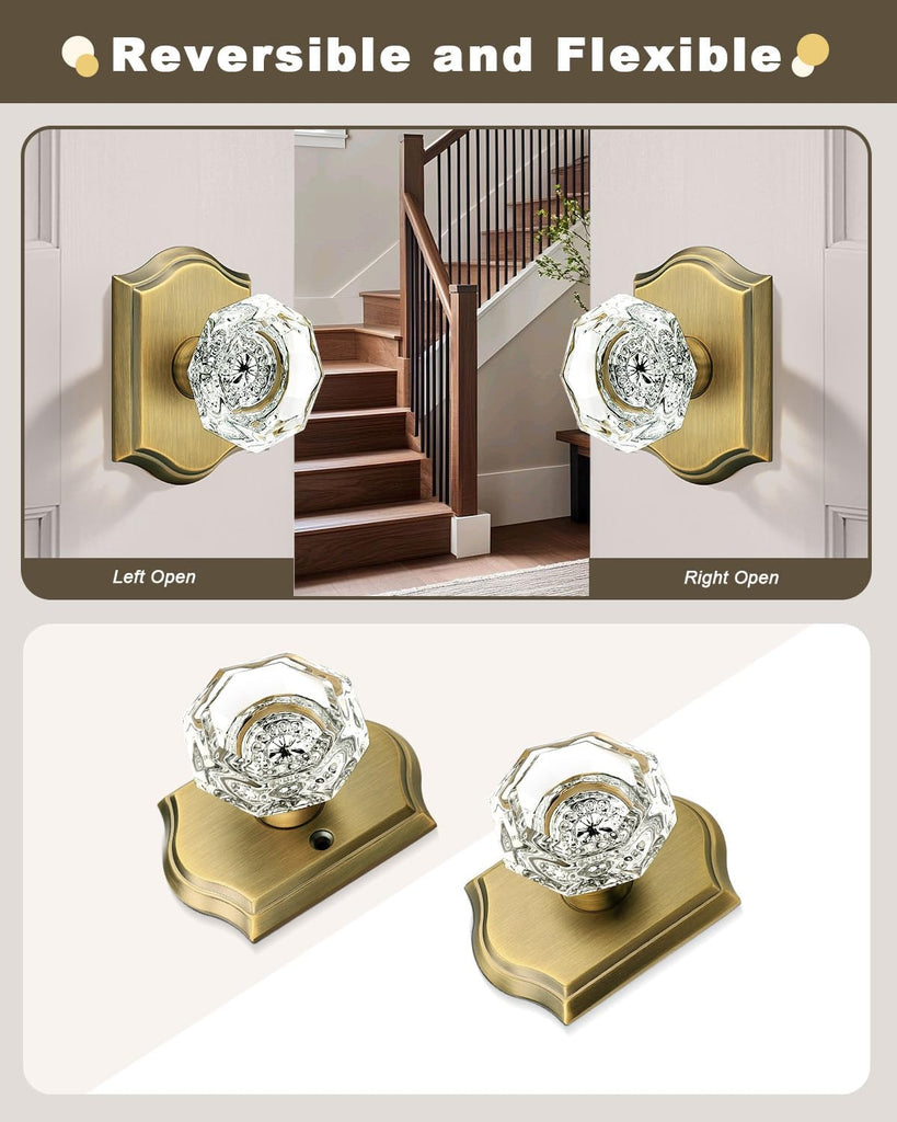Octagonal Diamond Crystal Doorknob in Antique Brass for Hall/Closet,Passage Function for Interior Room,Keyless,1 Pack