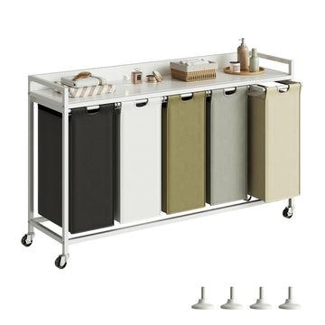 Laundry Hamper with Shelf, Laundry Basket 5 Section, Laundry Sorter with Pull-Out Removable Large 5 Color Bags and