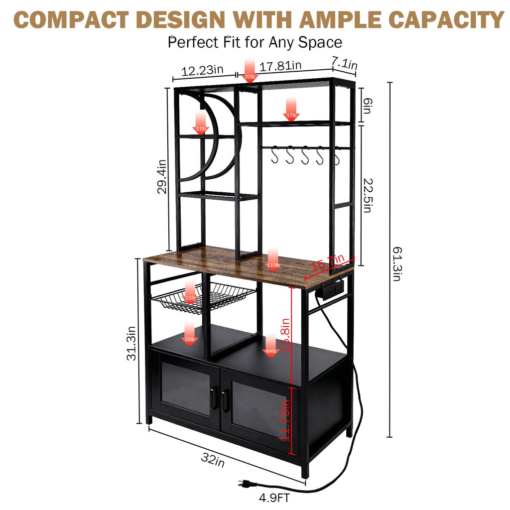 Bakers Rack with Power Outlet and Storage, Kitchen Bakers Rack with Cabinet & 10 Hooks, Coffee Bar Cabinet, Microwave