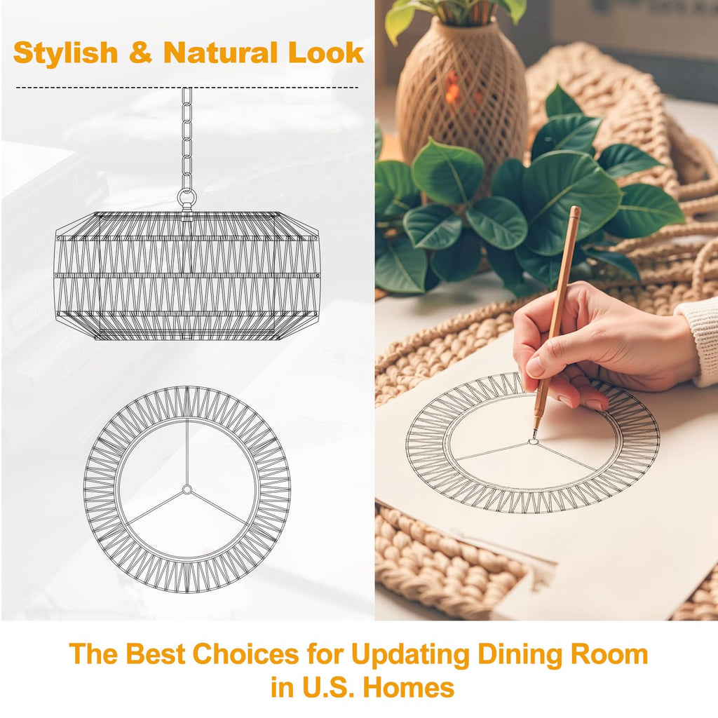 19" Rattan Chandelier, Boho Dining Room Light Fixture