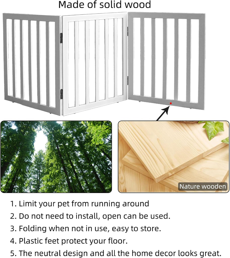 Freestanding Indoor Dog Gate Foldable Wood White Puppy Gate for Doorways Pet Gate for Stairs Extra Wide Pet Fence 24"