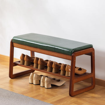 Solid Wood Shoe Bench, 2-Tier Wooden Entryway Bench, Modern Shoe Rack with Faux Leather Cushion (Green, 31.5'')