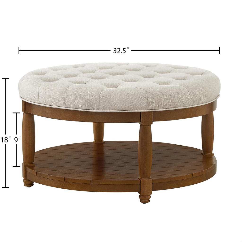 Large Round Upholstered Tufted Linen Ottoman Coffee Table with Solid Wood Frame and Open Storage Shelf, Upholstered
