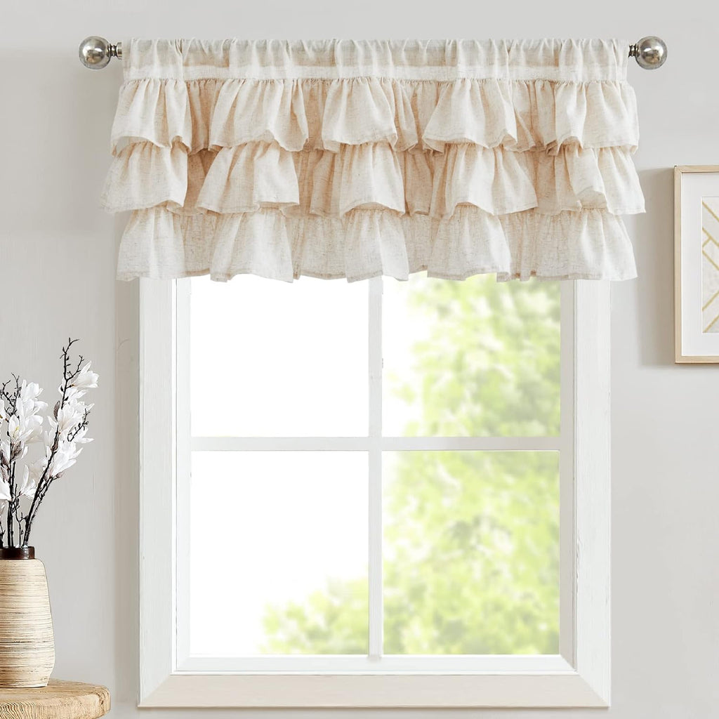 Ruffled Valance Curtain Linen Kitchen Window Valance for Living Room Bedroom 18 Inch Farmhouse Cottage Shabbychic