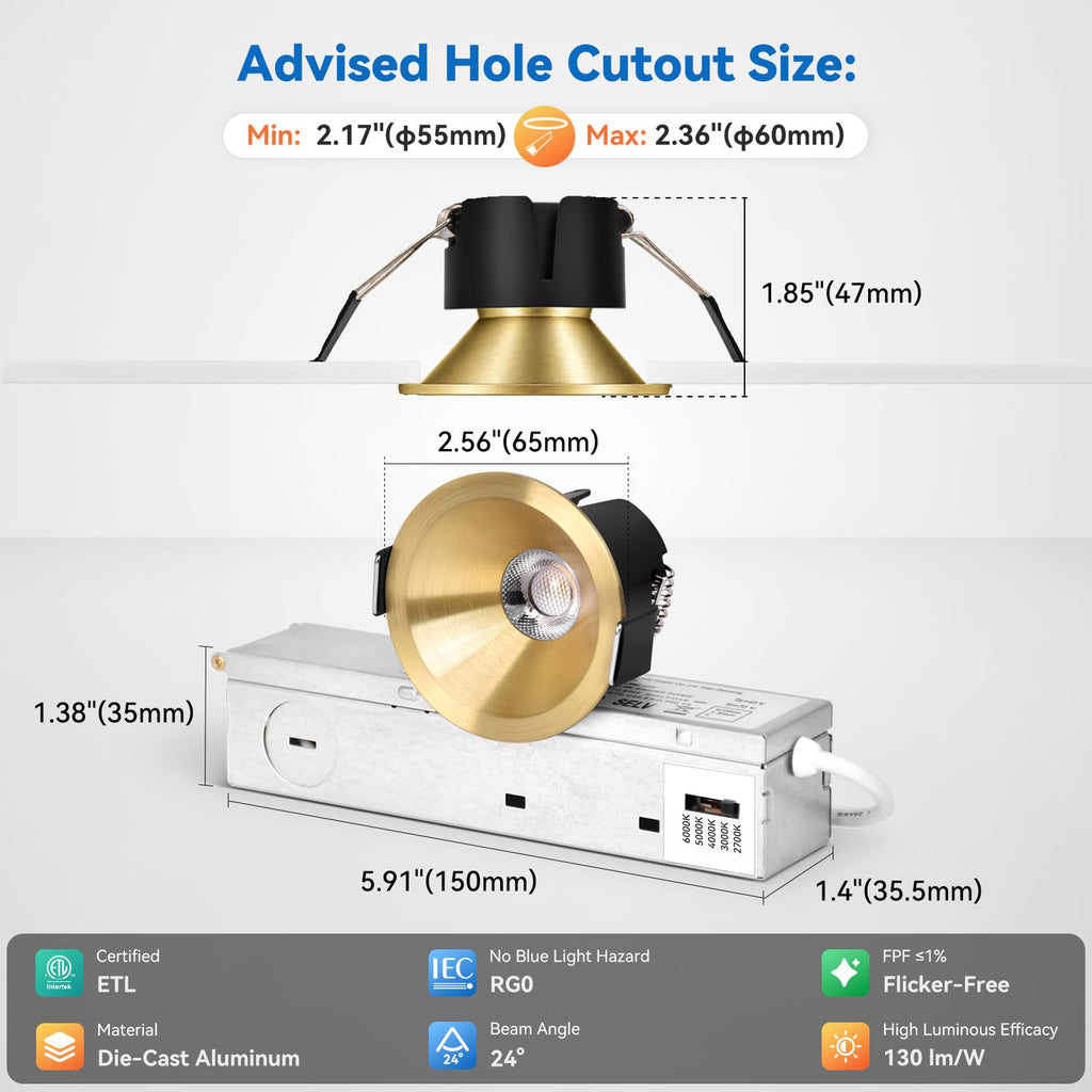 Gold 2 Inch LED Recessed Light Anti Glare COB Spotlight, 6-Pack