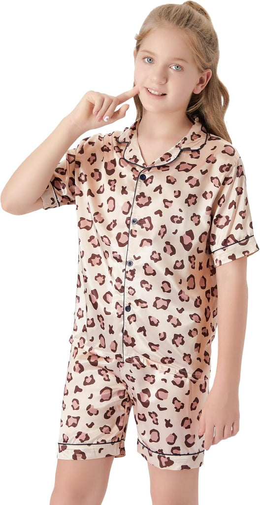 Girls Satin Pajamas, Short Sleeve Shorts Button Up