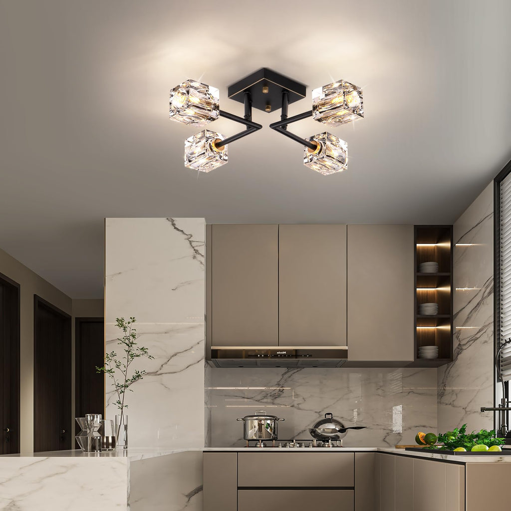 Modern Crystal Ceiling Light, Semi Flush Mount Ceiling Light Fixture with 4-Lights, Black and Gold Sputnik Chandeliers
