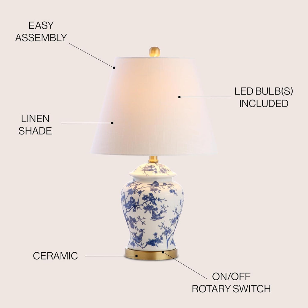 22" Blue/White Ceramic Table Lamp, French Country Chinoiserie Ginger Jar LED Bedside Lamp Bedroom, White Linen Shade
