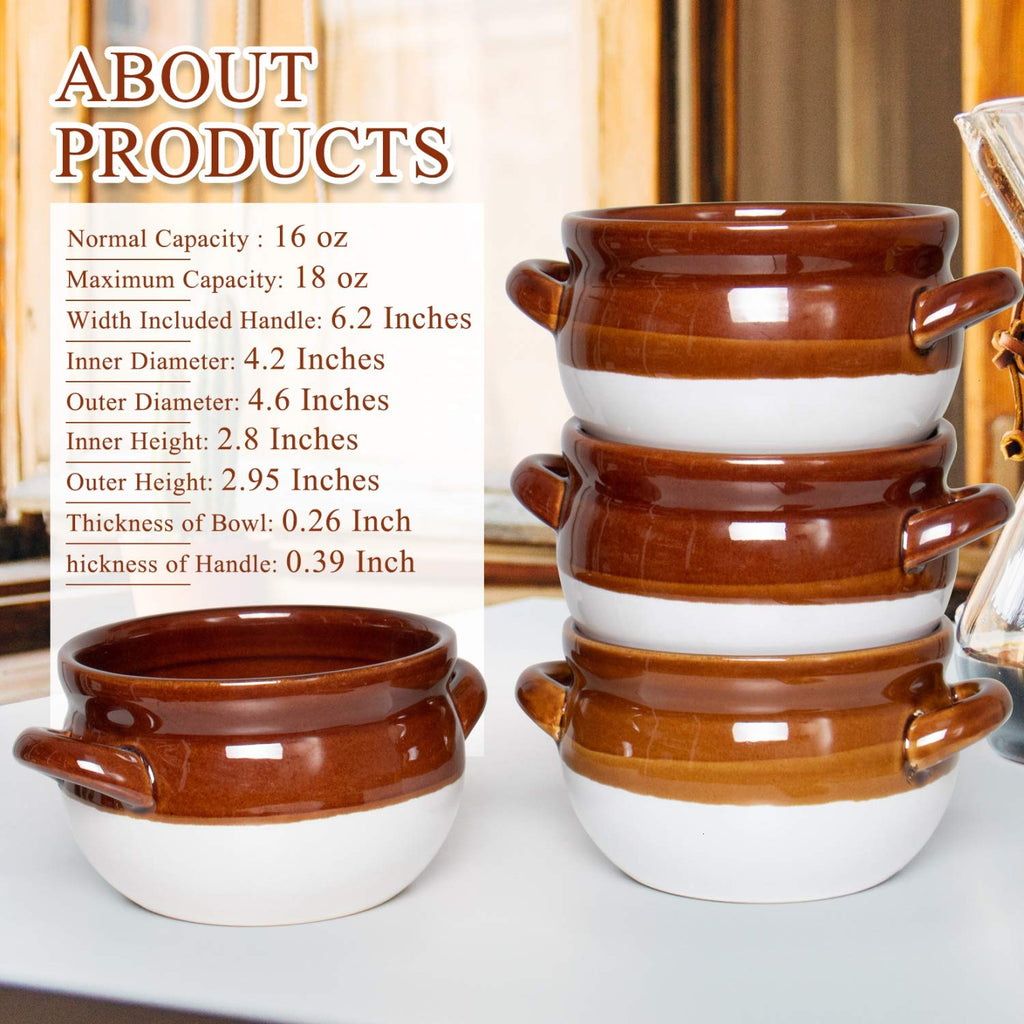 French Onion Soup Bowls with Handles, 16 Oz Ceramic Soup Serving Bowl Crocks - Oven Safe Bowls for Chili, Beef Stew