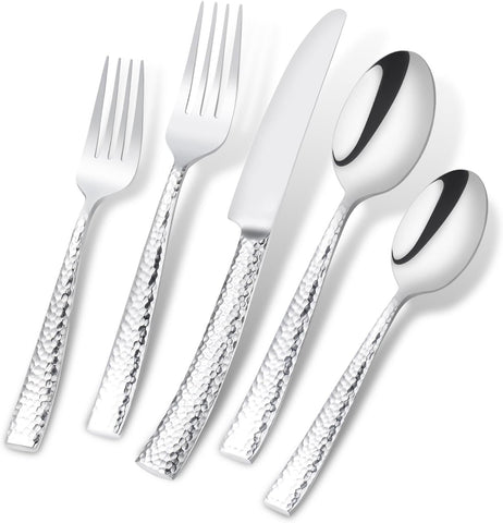 Flatware Silverware Set Hammered Mirror Polished Stainless Steel 20-Piece Set