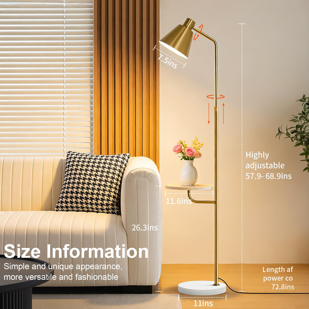 Gold Brushed Floor Lamp with Side Table Bedroom, Modern Standing Lamp 12W LED 3-Color Dimmable 3000K/4500K/6500K