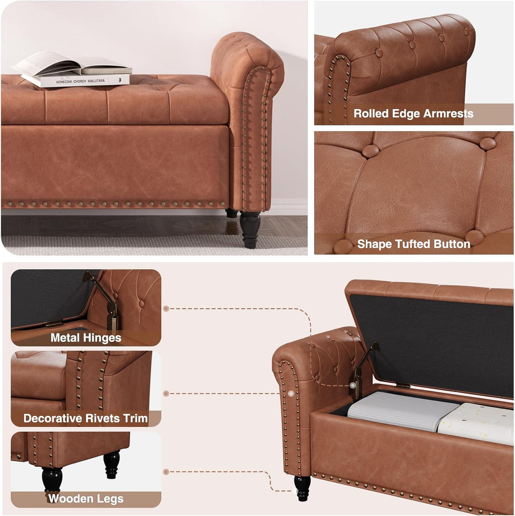 65 Inch Bedroom Bench, End of Bed Bench with Storage, Brown | Bed Benches for Foot of Bed, Faux Leather Window Bench