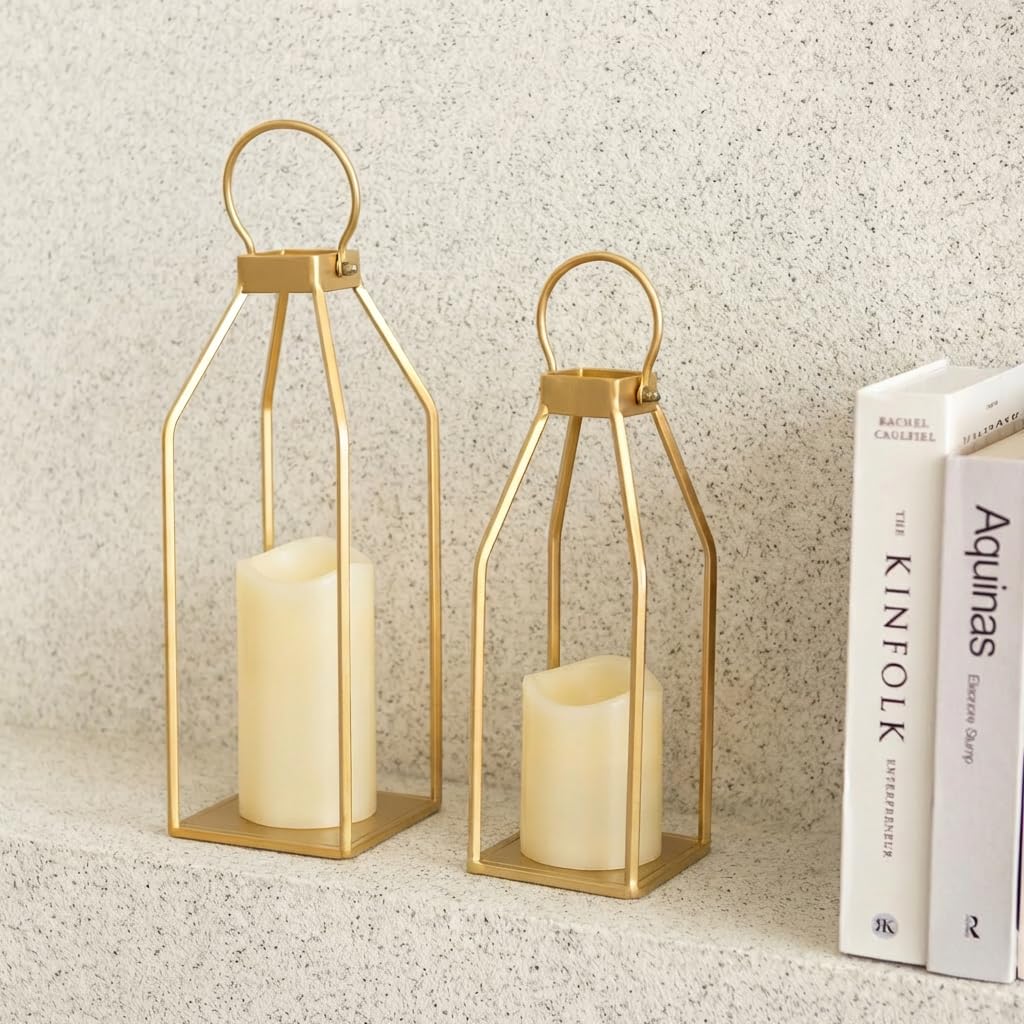Modern Farmhouse Lantern Decor, 15'' 12.6'' Set of 2 Gold Metal Lanterns, 2 LED 6hr Timer Flameless Candles & Remote
