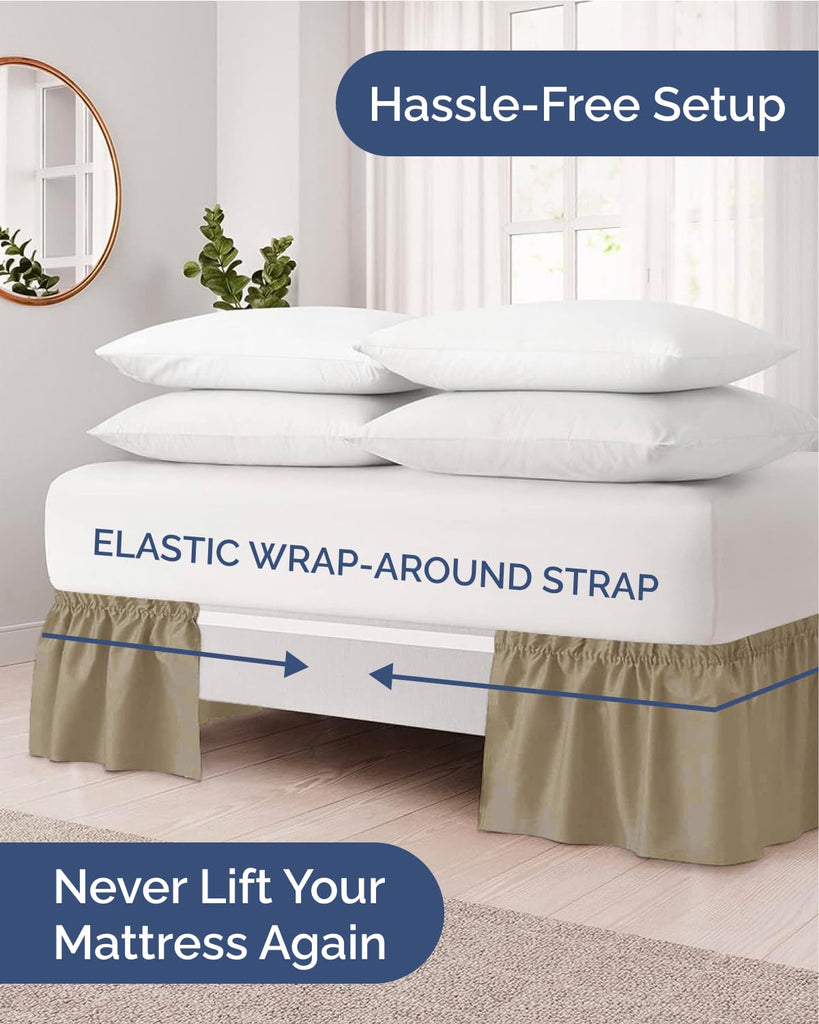 CGK Wrap Around Dust Ruffle Bed Skirt - Queen Size, 12" Inch, Khaki