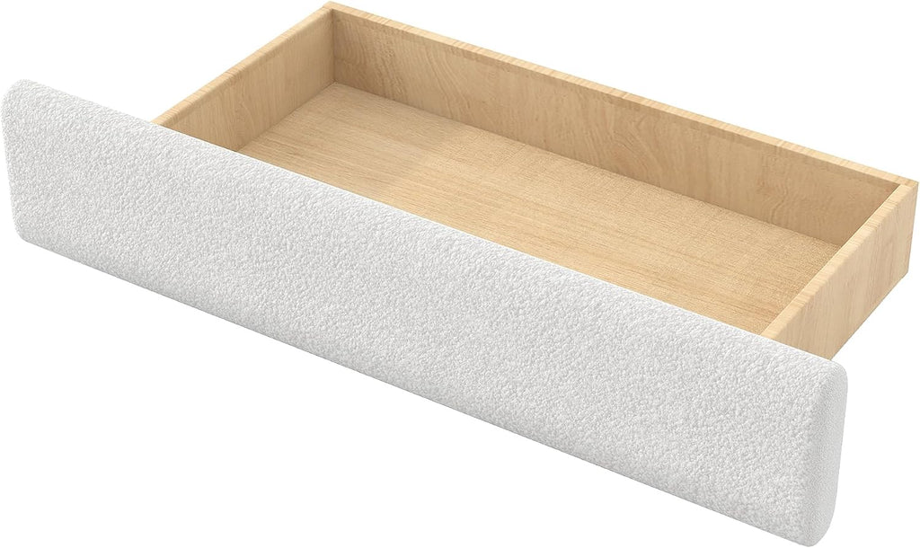 Queen Size Lambswool Upholstered Daybed with 2 Storage Drawers, Modern White Soft Daybed Frame, Curved Ribbed Panel