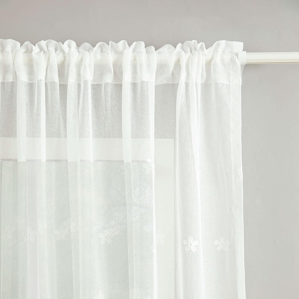 White Sheer Curtains Embroidered Design Rod Pocket Window Drapes Dining Room Bedroom, 2 Panels (Gypsophila, 60x104)