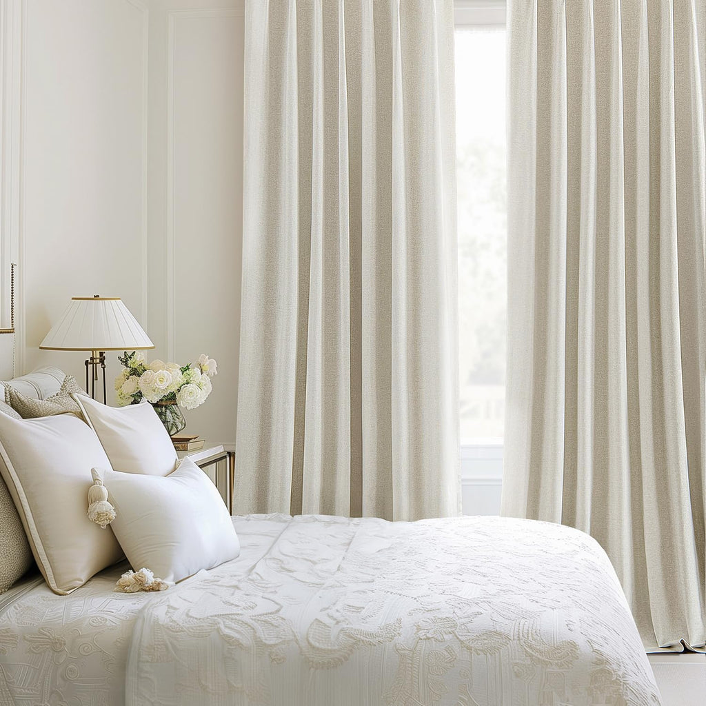 Linen Pinch Pleated 100% Blackout Curtains for Bedroom 84 Inch Long 2 Panels Set - Back Tab Track Cream Black Out