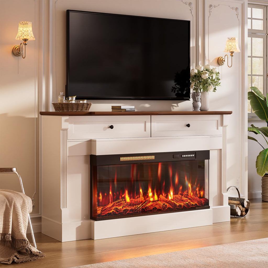 61" Electric Fireplace with Mantel, Fireplace TV Stand, White