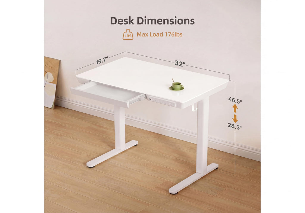 Glass Standing Desk with Drawers, 32 Inch, White