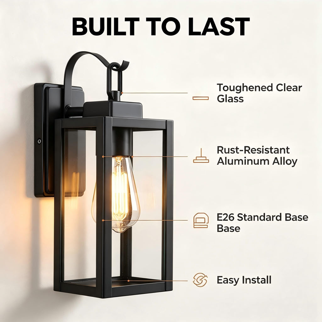 Outdoor Wall Lantern, Matte Black Clear Glass Sconce